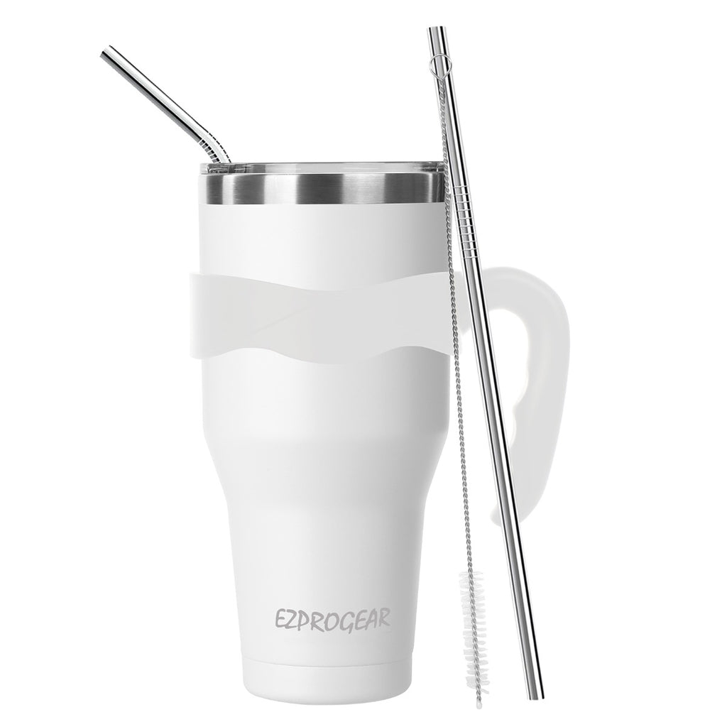 Ezprogear 40 oz White Stainless Steel Tumbler with Handle – Vacuum Insulated Travel Mug with Straws & Canvas Bag