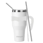 Ezprogear 40 oz White Stainless Steel Tumbler with Handle – Vacuum Insulated Travel Mug with Straws & Canvas Bag