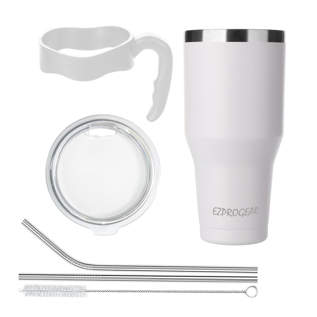Ezprogear 40 oz White Stainless Steel Tumbler with Handle – Vacuum Insulated Travel Mug with Straws & Canvas Bag