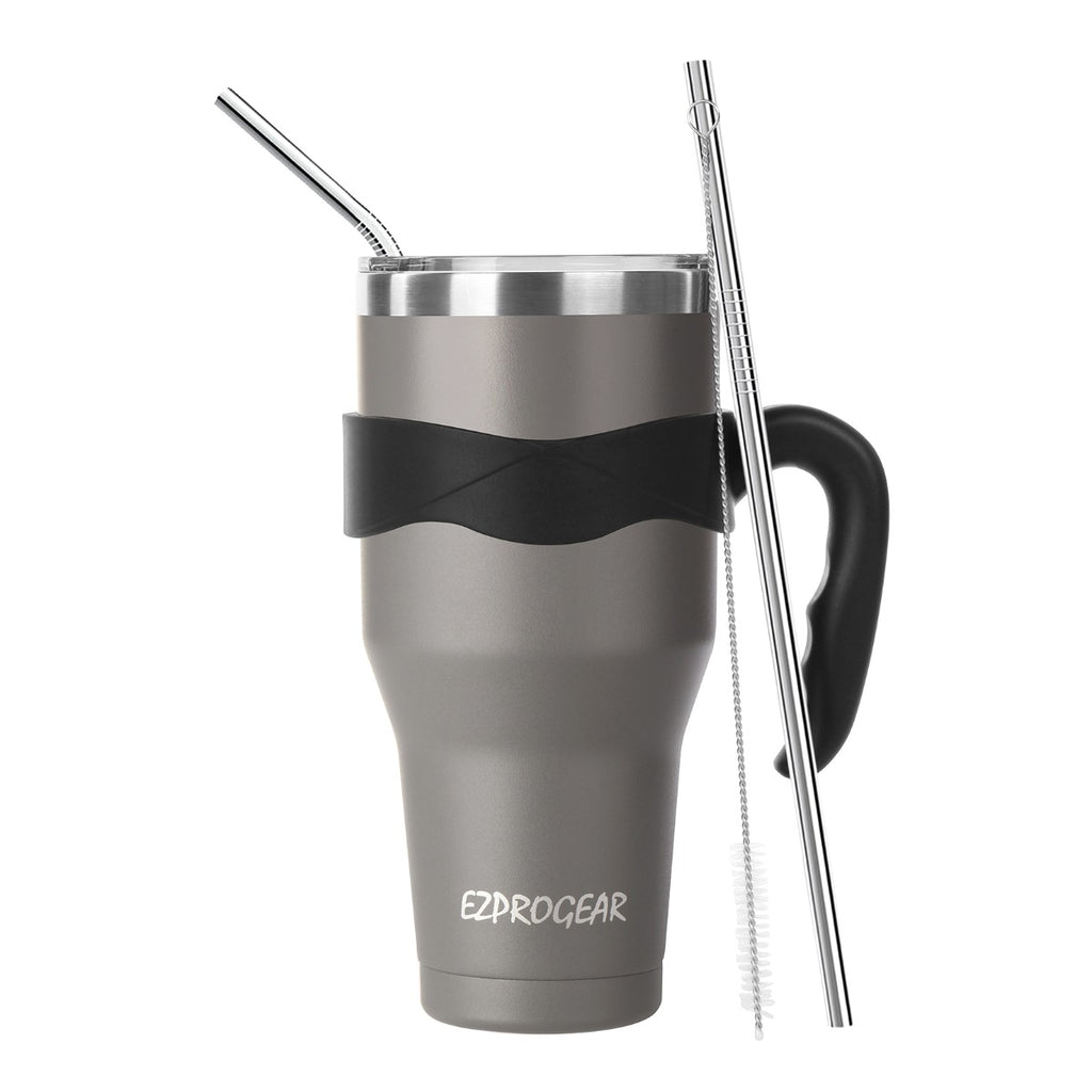Ezprogear 40 oz Navy Gray Stainless Steel Tumbler with Handle – Vacuum Insulated Travel Mug with Straws & Canvas Bag