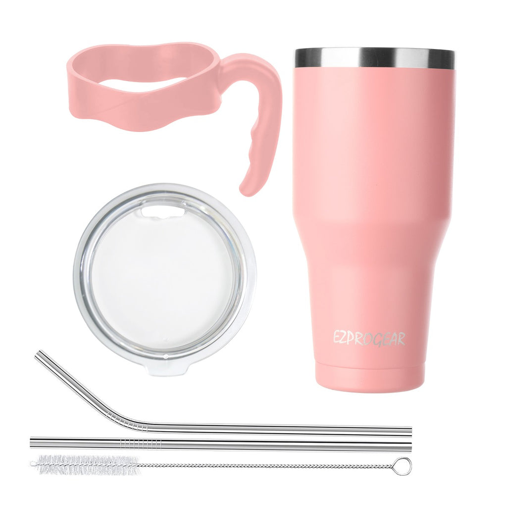 Ezprogear 40 oz Pink Stainless Steel Tumbler with Handle – Vacuum Insulated Travel Mug with Straws & Canvas Bag