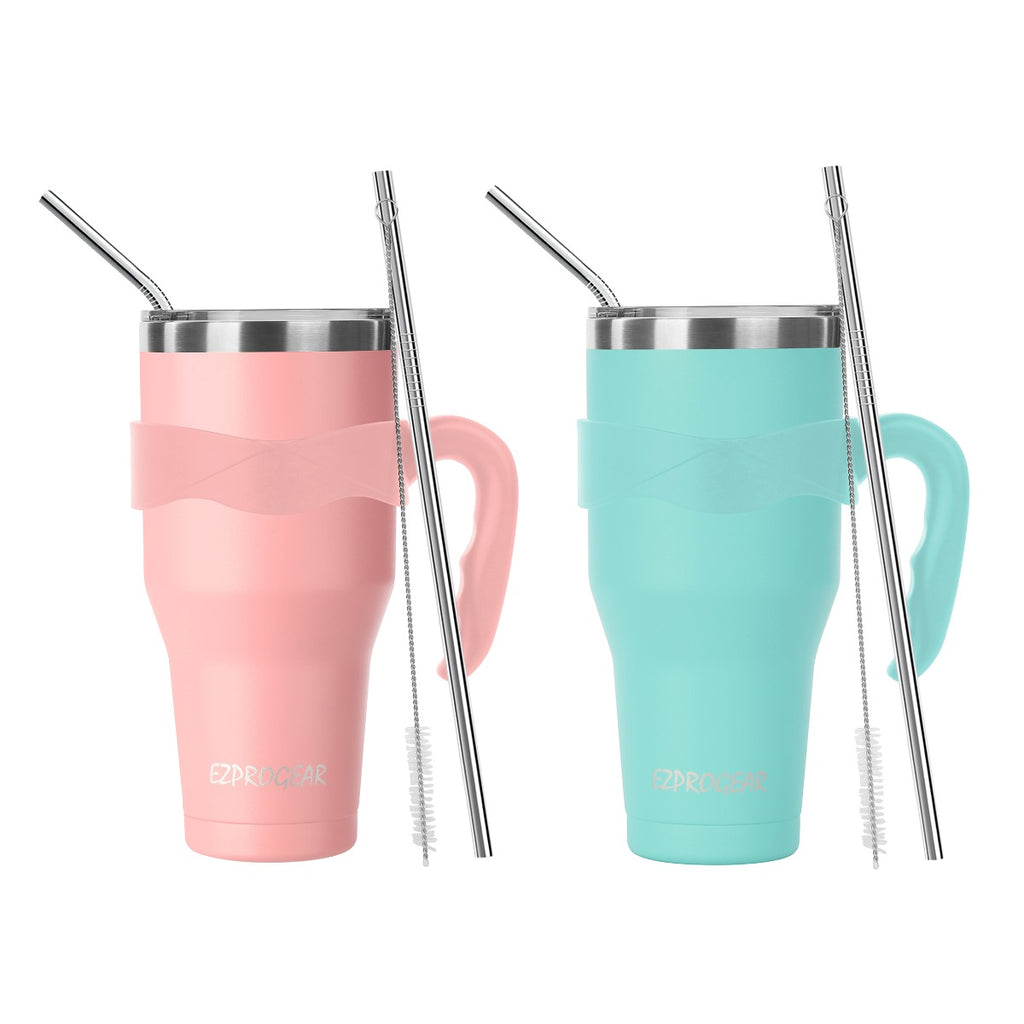 Ezprogear 40 oz Stainless Steel Tumbler 2-Pack (Pink & Mint) – Vacuum Insulated Travel Mug with Handle & Straws