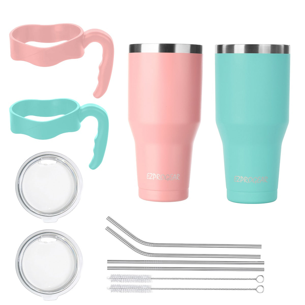 Ezprogear 40 oz Stainless Steel Tumbler 2-Pack (Pink & Mint) – Vacuum Insulated Travel Mug with Handle & Straws