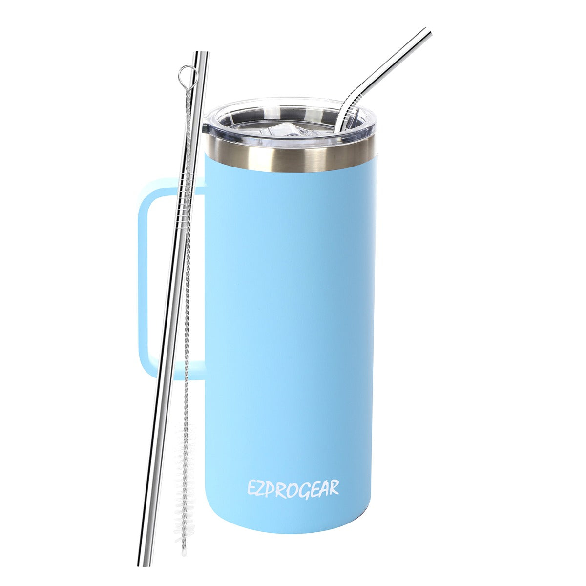 Ezprogear 32 oz Sky Blue Stainless Steel Beer Tumbler Double Wall Water Cup with Handle and Lid