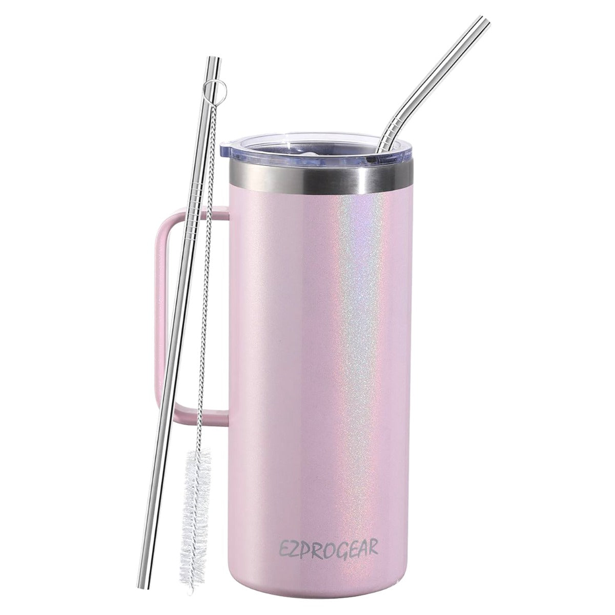 Ezprogear 32 oz Glitter Carnation Stainless Steel Beer Tumbler Double Wall Water Cup with Handle and Lid