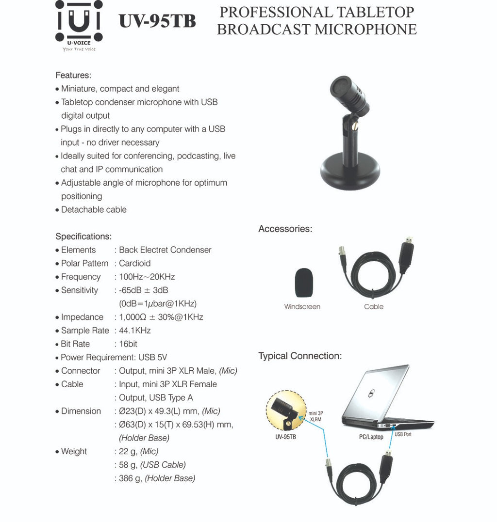 U-Voice UV-95TB Mini USB Condenser Microphone – Compact Tabletop Mic for Laptop, Streaming & Video Meetings