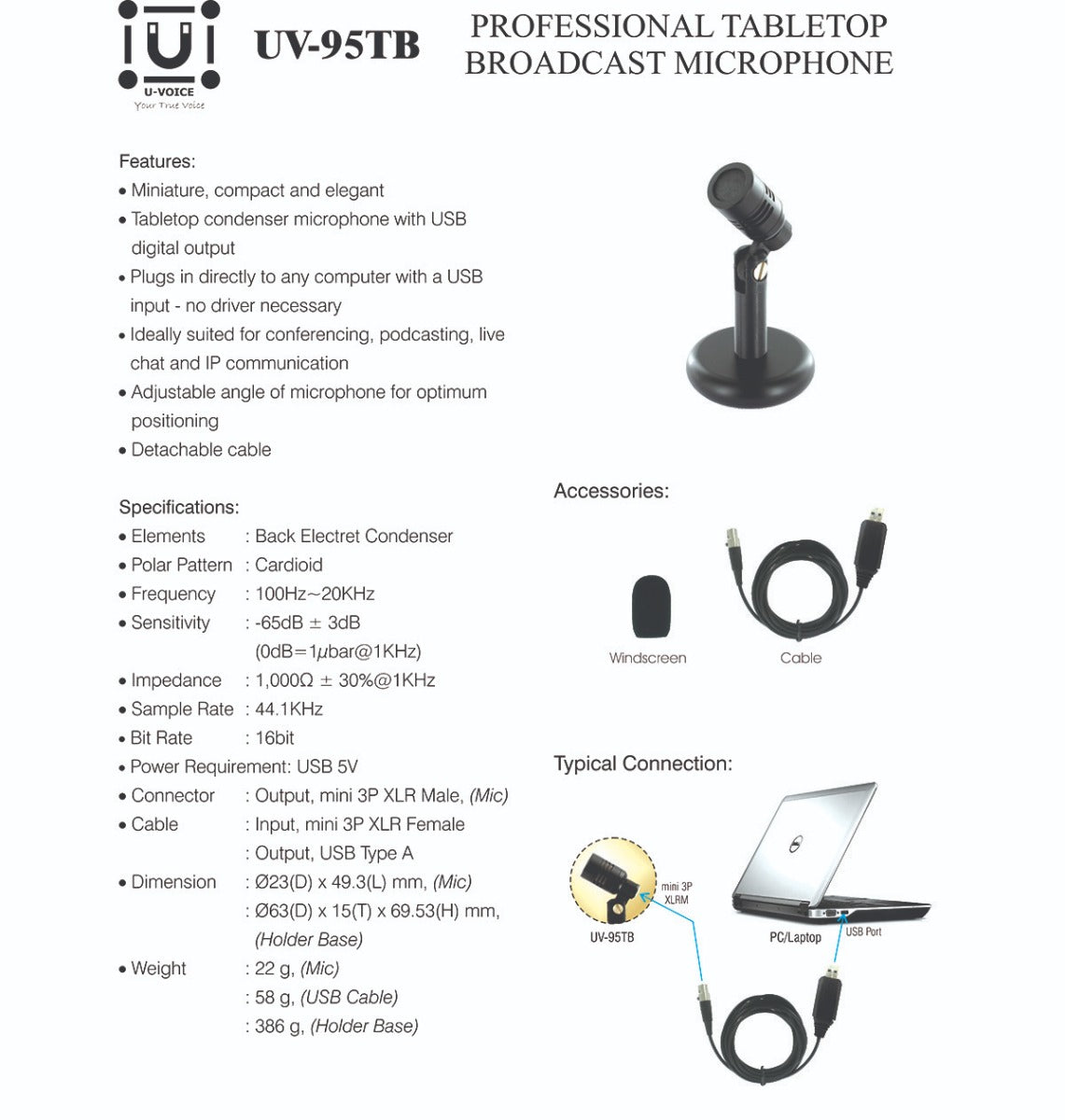 U-Voice UV-95TB Mini USB Condenser Microphone – Compact Tabletop Mic for Laptop, Streaming & Video Meetings
