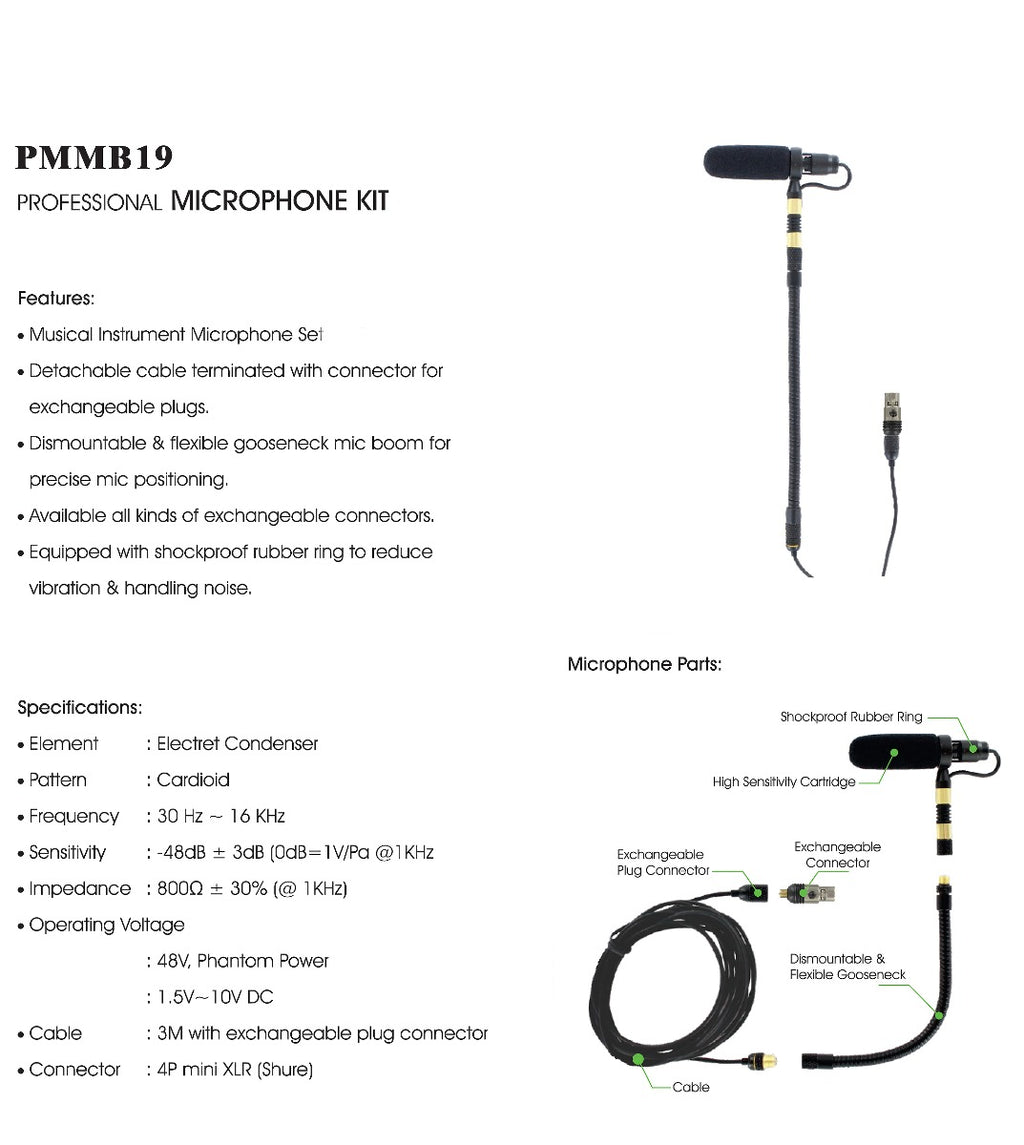 Rannsgeer PMMB19-SH4-SAX Saxophone/Trumpet Clip-On Musical Instrument Microphone for Shure Wireless Microphone and Phantom Power Input
