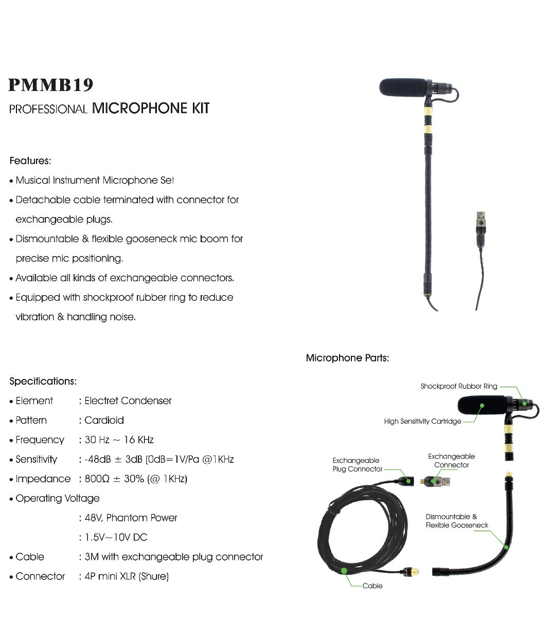 Rannsgeer PMMB19-SH4-SAX Saxophone/Trumpet Clip-On Musical Instrument Microphone for Shure Wireless Microphone and Phantom Power Input