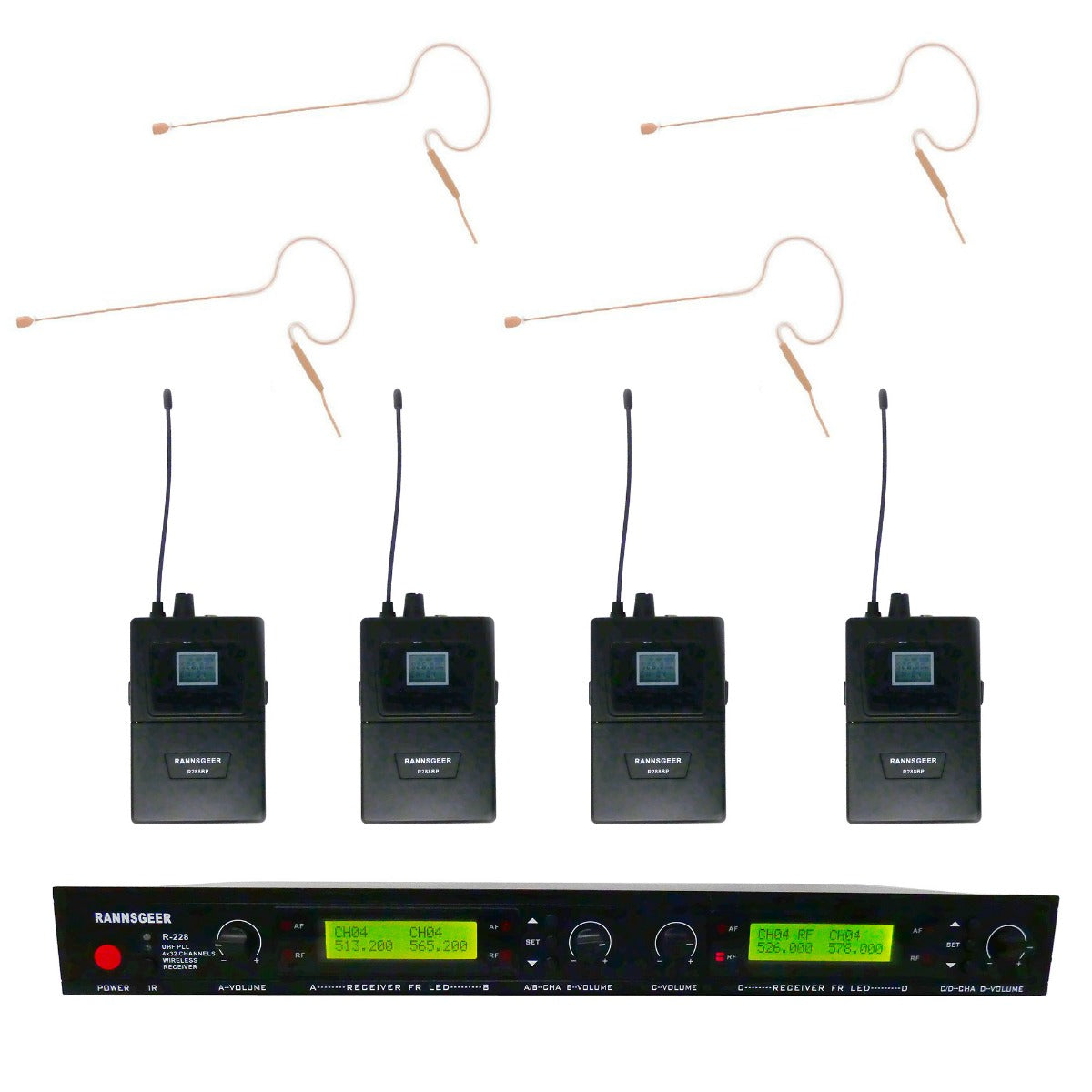 Rannsgeer UHF R288-630T 4-Channel Tan Color Mini Headset Wireless Microphone