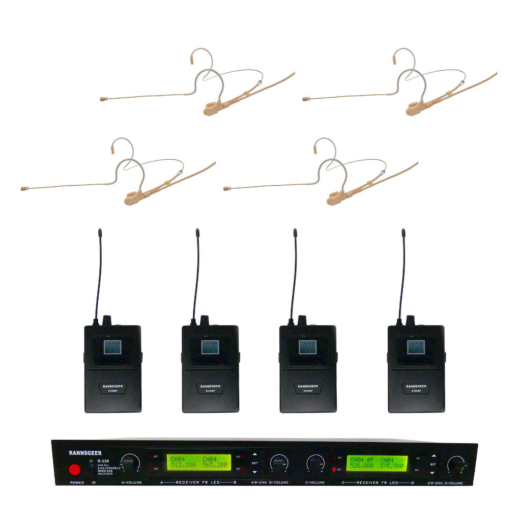 Rannsgeer UHF R288-70D-FR 4-Channel Mini Headset Wireless Microphone with Dual Ear Hook Frame