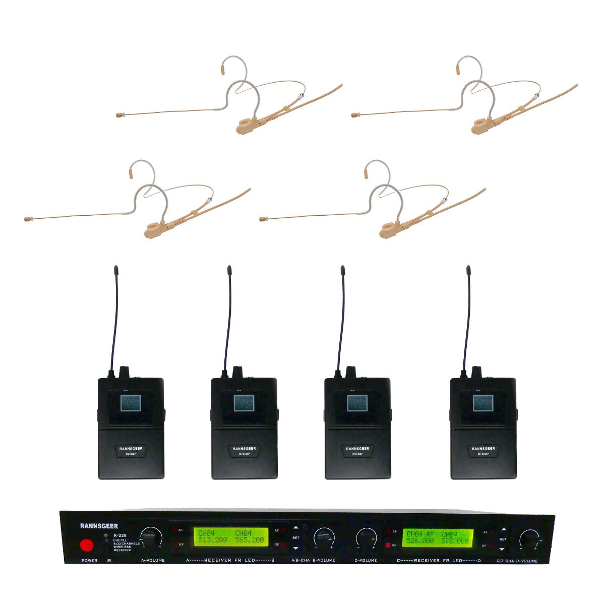 Rannsgeer UHF R288-70D-FR 4-Channel Mini Headset Wireless Microphone with Dual Ear Hook Frame