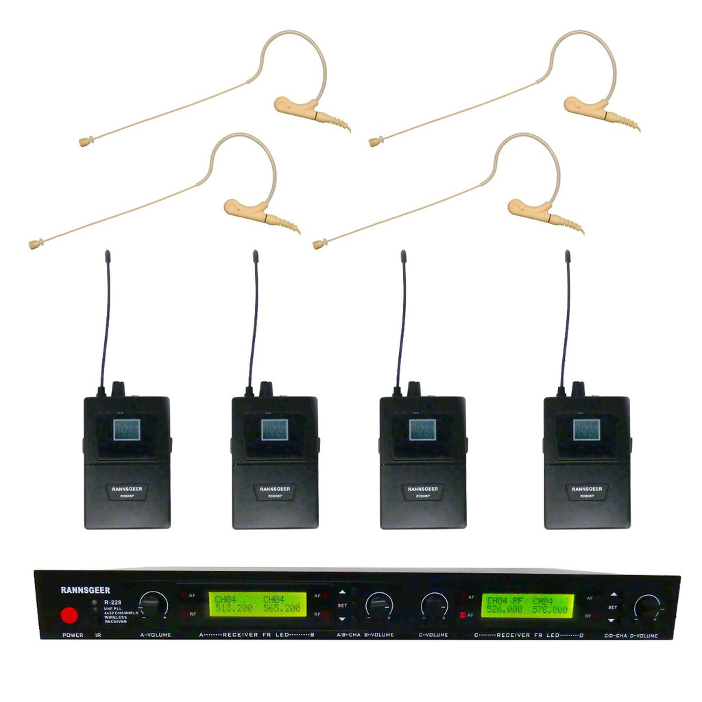Rannsgeer R288-70D 4-Channel UHF Wireless System - 128 Frequencies, 4 Beige Mini Headsets with Detachable Cables, 300ft Range