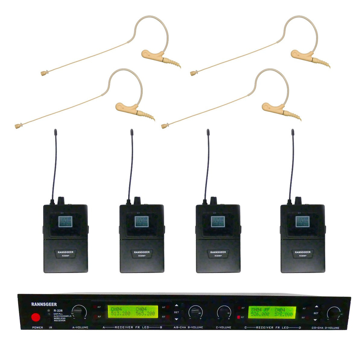 Rannsgeer R288-70D 4-Channel UHF Wireless System - 128 Frequencies, 4 Beige Mini Headsets with Detachable Cables, 300ft Range