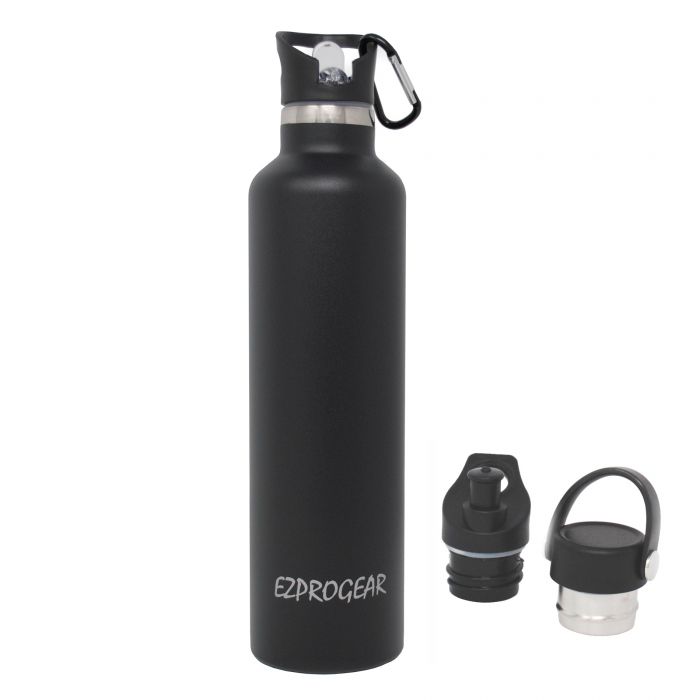 Ezprogear Sports Water Bottle 3 Lids 34 oz Stainless Steel Travel Portable  Double Wall Vacuum Insulated Thermos Standard Mouth (Black) EZ34WB-MBK