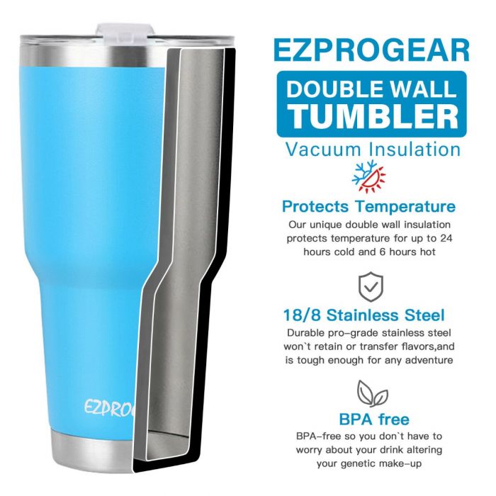 Ezprogear 32 oz. White Stainless Steel Beer Mug Tumbler Double Wall Water Camping Cup with Handle, Lid & Straws