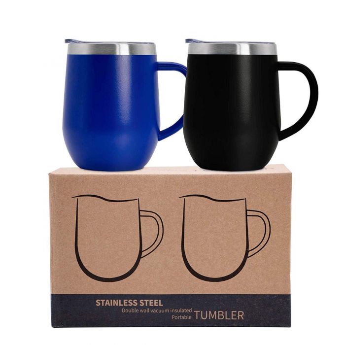 2 Pack 12 oz Handle Sapphire/Black Stainless Steel Mug Cup with Lid Double  Wall Insulated
