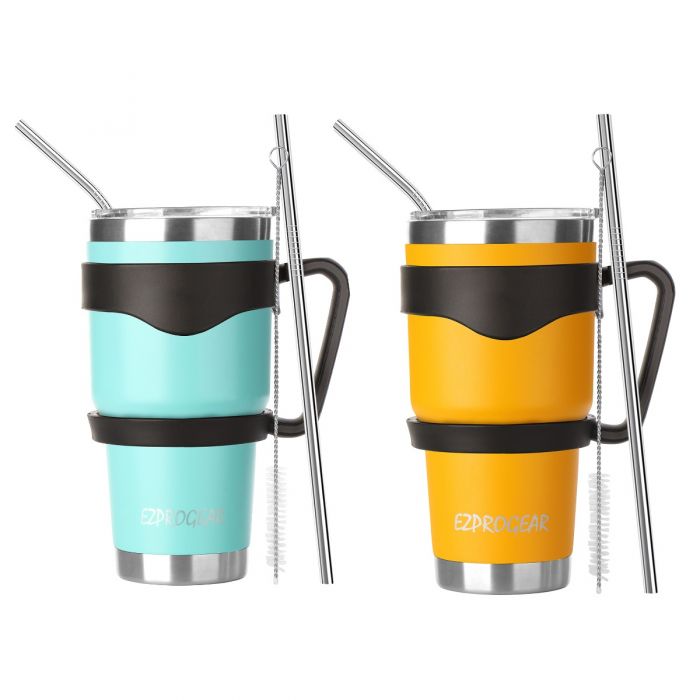 30 oz 2 Pack Stainless Steel Tumbler w/ Lids, Handle & Straws Travel Coffee  Mug