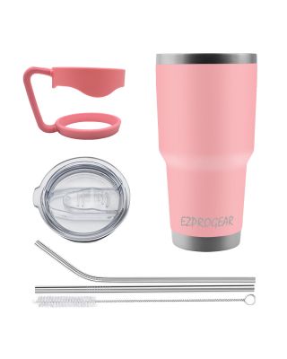 Ezprogear 30 oz Insulated Stainless Steel Tumbler Travel Cup with Handle, Lid & Straw - Double Walled Vacuum Thermos for Coffee, Tea & Water (Pink) EZT30-PINK
