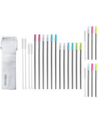 Ezprogear 8 mm Set of 18 Stainless Steel Reusable Drinking Straw for Smoothies and Milkshake Straws with Silicone Tips and Canvas Bag (6 Long + 6 Medium + 6 Short)