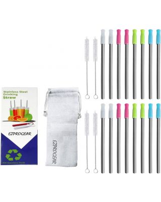 Ezprogear 8 mm 5.75 Inch Short Stainless Steel Reusable 16 Pack Drinking Straw with Silicone Tips and Canvas Bag (16 Short)