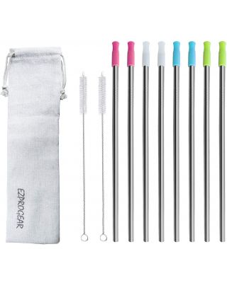 Ezprogear 8 mm (0.32 inch) 10.5 Inch Stainless Steel Wide Straw for Smoothies and Milkshake Straw Reusable 8 Pack Drinking Straw with Silicone Tips and Canvas Bag (8 Long)