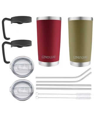 EZ ProGear 20 oz 2 Pack Cherry and Olive Green Stainless Steel Tumbler w/Lids, Handle & Straws Travel Coffee Mug