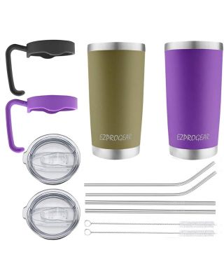 EZ ProGear 20 oz 2 Pack Purple and Olive Green Stainless Steel Tumbler w/Lids, Handle & Straws Travel Coffee Mug