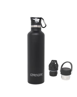 Ezprogear Sports Water Bottle 3 Lids 25 oz Stainless Steel Travel Portable Double Wall Vacuum Insulated Thermos Standard Mouth for hot and cold beverages (Black) EZ25WB-MBK