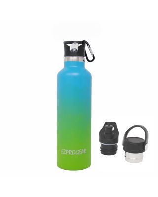 Ezprogear Sports Water Bottle 3 Lids 25 oz Stainless Steel Travel Portable Double Wall Vacuum Insulated Thermos Standard Mouth (Sapphire/Green) EZ25WB-SBG