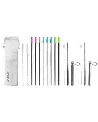 Ezprogear Stainless Steel Straw with Silicone Tip Collapsible and 8 mm Eco Friendly Drinking Straws (2 Collapsible + 8 Long)
