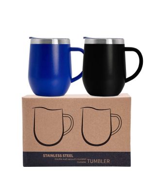 2 Pack 12 oz Handle Sapphire/Black Stainless Steel Mug Cup with Lid Double Wall Insulated