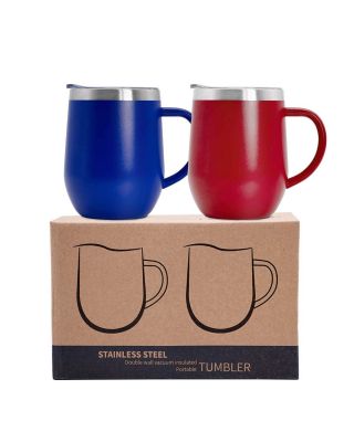 2 Pack 12 oz Handle Sapphire/Cherry Stainless Steel Mug Cup with Lid Double Wall Insulated