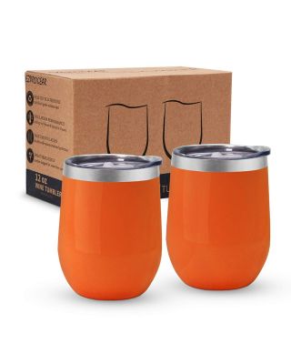 Ezprogear Coral Orange Stainless Steel Wine Tumbler Glasses 12 oz Double Wall Vacuum Insulated Travel Cup 2 Pack with Slider Lid for Coffee, Ice Cream, Cocktails