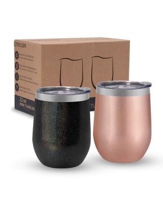 Ezprogear Glitter Black/ Rose Gold Stainless Steel Wine Tumbler Glasses 12 oz Double Wall Vacuum Insulated Travel Cup 2 Pack with Slider Lid for Coffee, Ice Cream, Cocktails