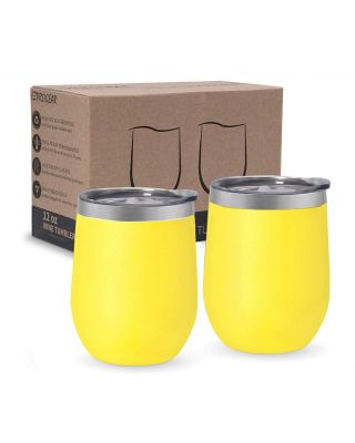 Ezprogear Neon Yellow Stainless Steel Wine Tumbler Glasses 12 oz Double Wall Vacuum Insulated Travel Cup 2 Pack with Slider Lid for Coffee, Ice Cream, Cocktails