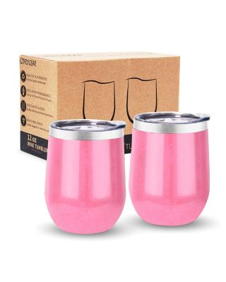 Ezprogear Peach Pink Stainless Steel Wine Tumbler Glasses 12 oz Double Wall Vacuum Insulated Travel Cup 2 Pack with Slider Lid for Coffee, Ice Cream, Cocktails