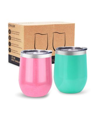 Ezprogear Peach Pink/Spearmint Stainless Steel Wine Tumbler Glasses 12 oz Double Wall Vacuum Insulated Travel Cup 2 Pack with Slider Lid for Coffee, Ice Cream, Cocktails