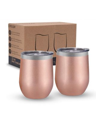 Ezprogear Rose Gold Stainless Steel Wine Tumbler Glasses 12 oz Double Wall Vacuum Insulated Travel Cup 2 Pack with Slider Lid for Coffee, Ice Cream, Cocktails