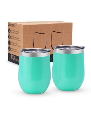 Ezprogear Spearmint Stainless Steel Wine Tumbler Glasses 12 oz Double Wall Vacuum Insulated Travel Cup 2 Pack with Slider Lid for Coffee, Ice Cream, Cocktails