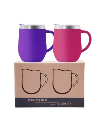 2 Pack 12 oz Handle Grape/Punch Stainless Steel Mug Cup with Lid Double Wall Insulated