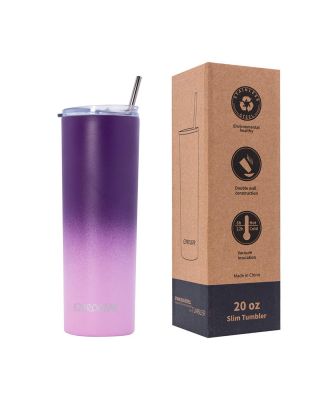 Ezprogear 20 oz Purple Grape/Pink Carnation Stainless Steel Slim Skinny Insulated Tumbler with 2 Straws, Brush and Lid