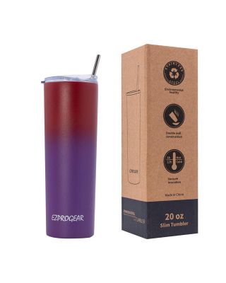 Ezprogear 20 oz Stainless Steel Slim Skinny Insulated Tumbler Cherry/Grape Water Cup with 2 Straws, Brush, Lid