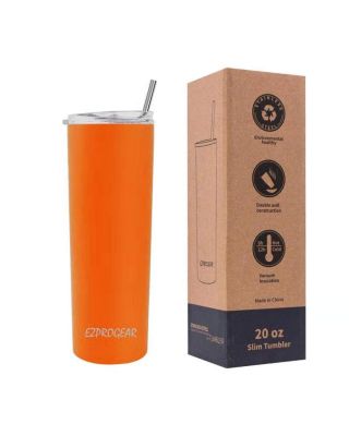 Ezprogear 20 oz Stainless Steel Slim Skinny Tumbler Insulated Dark Orange Water Mug with 2 Straws, Brush, Lid