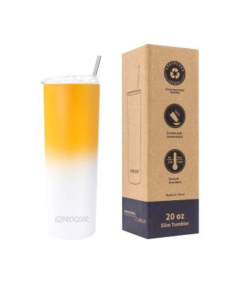 Ezprogear 20 oz Yellow Mango/White Cream Stainless Steel Skinny Insulated Tumbler 2 Straws, Brush, Lid