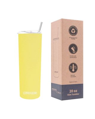 Ezprogear 20 oz Stainless Steel Slim Skinny Tumbler Neon Yellow Water Cup with 2 Straws, Brush and Lid