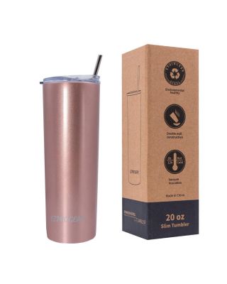 Ezprogear 20 oz Stainless Steel Slim Skinny Tumbler Rose Gold Water Cup with 2 Straws, Brush and Lid