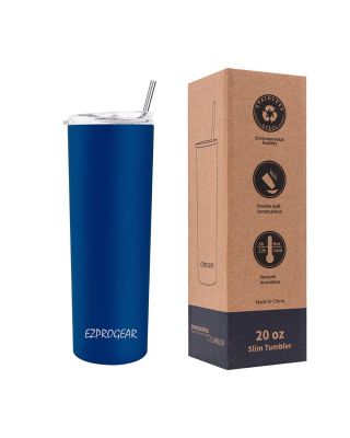Ezprogear 20 oz Stainless Steel Slim Skinny Insulated Tumbler Blue Sapphire with 2 Straws, Brush and Lid