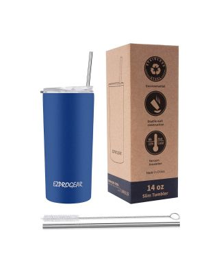 Ezprogear 14oz Blue Sapphire Stainless Steel Slim Insulated Tumbler with 2 Straws, Brush, Lid