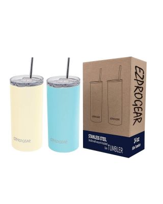 Ezprogear 14 oz 2-pack Cream and Sky Blue Stainless Steel Skinny Tumbler w/ Lid and Straw